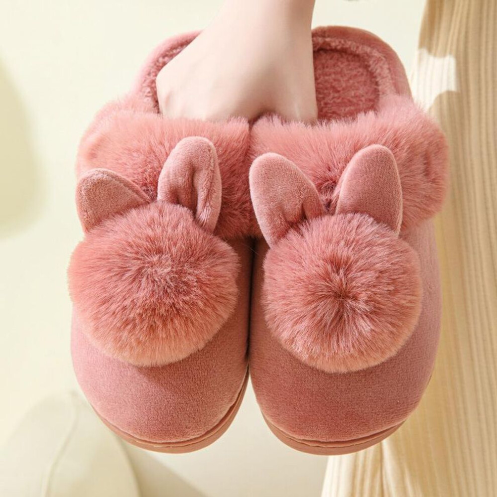 (pink, 42-43) Winter Warm Home Fur Slippers Womens Indoor Home Rabbit Shoe Furry Ears Footwear Indoor Bedroom Flat Heels Fluffy Slippers Shoes