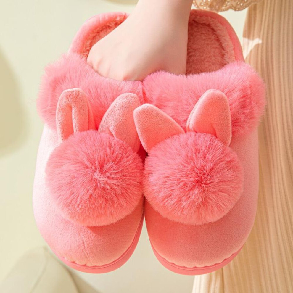 (red, 40-41) Winter Warm Home Fur Slippers Womens Indoor Home Rabbit Shoe Furry Ears Footwear Indoor Bedroom Flat Heels Fluffy Slippers Shoes