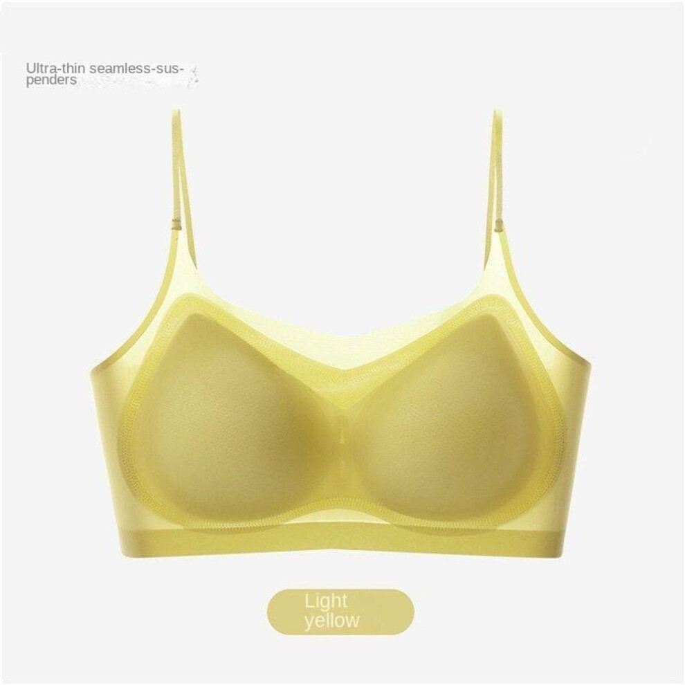 (yellow, M) Ultra-Thin Breathable Ice Silk Top Bra Women&apos;s Seamless Back Halter Vest Wrap Bra Small Chest Together
