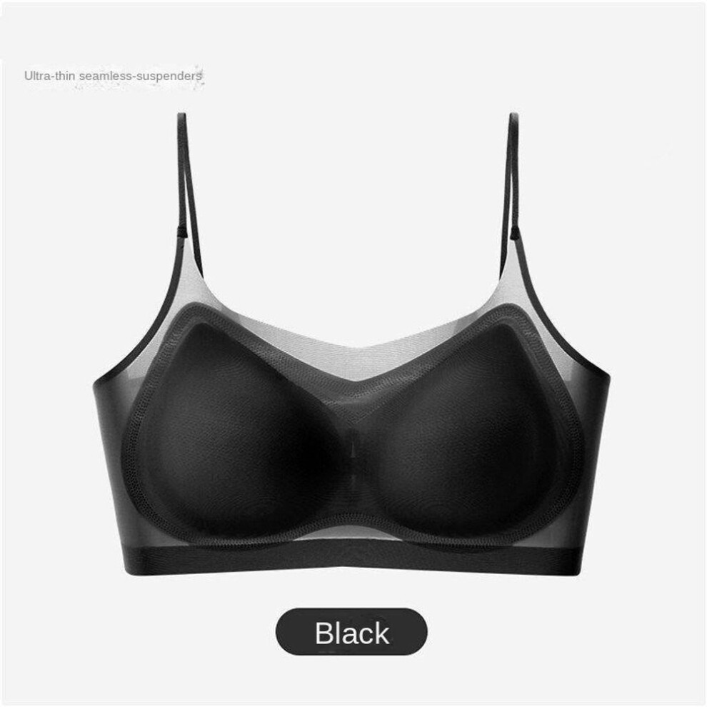 (black, 3XL) Ultra-thin Breathable Ice Silk Top Bra Women&apos;s Seamless Back Halter Vest Wrap Bra Small Chest Together