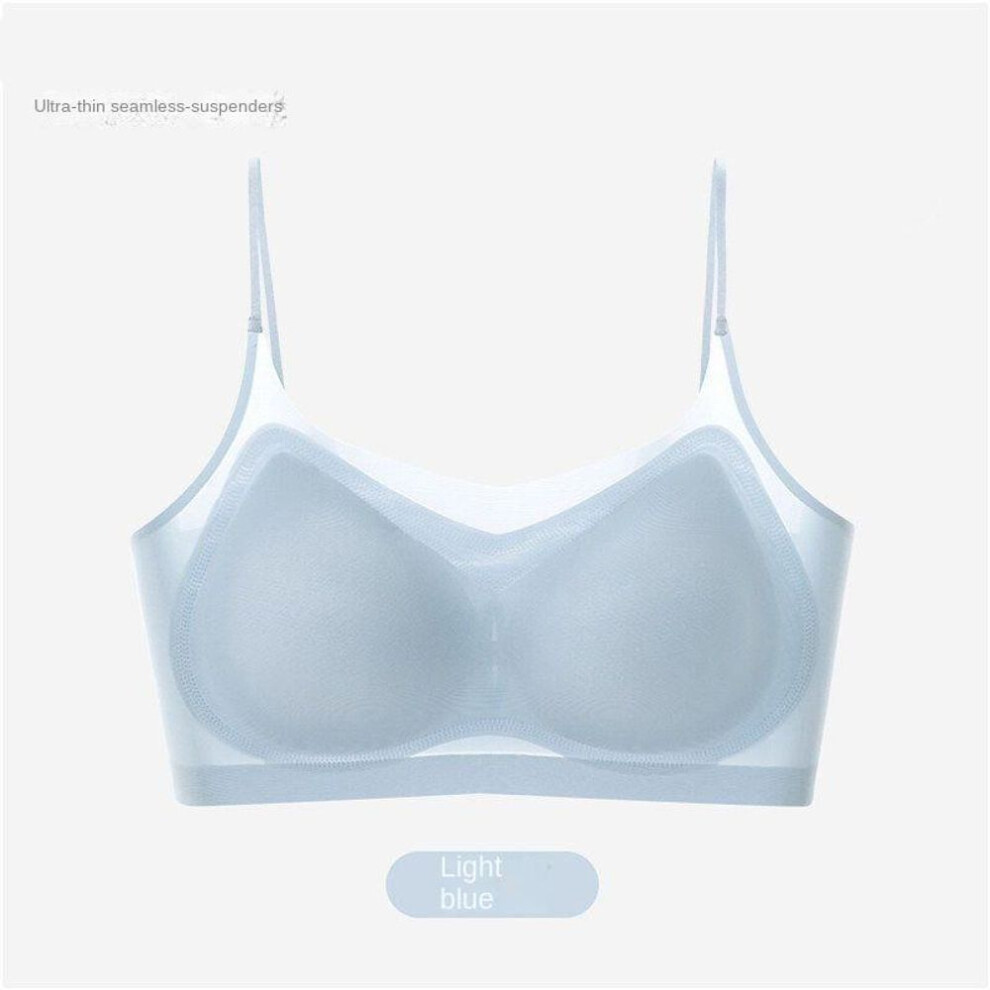 (blue, L) Ultra-thin Breathable Ice Silk Top Bra Women&apos;s Seamless Back Halter Vest Wrap Bra Small Chest Together