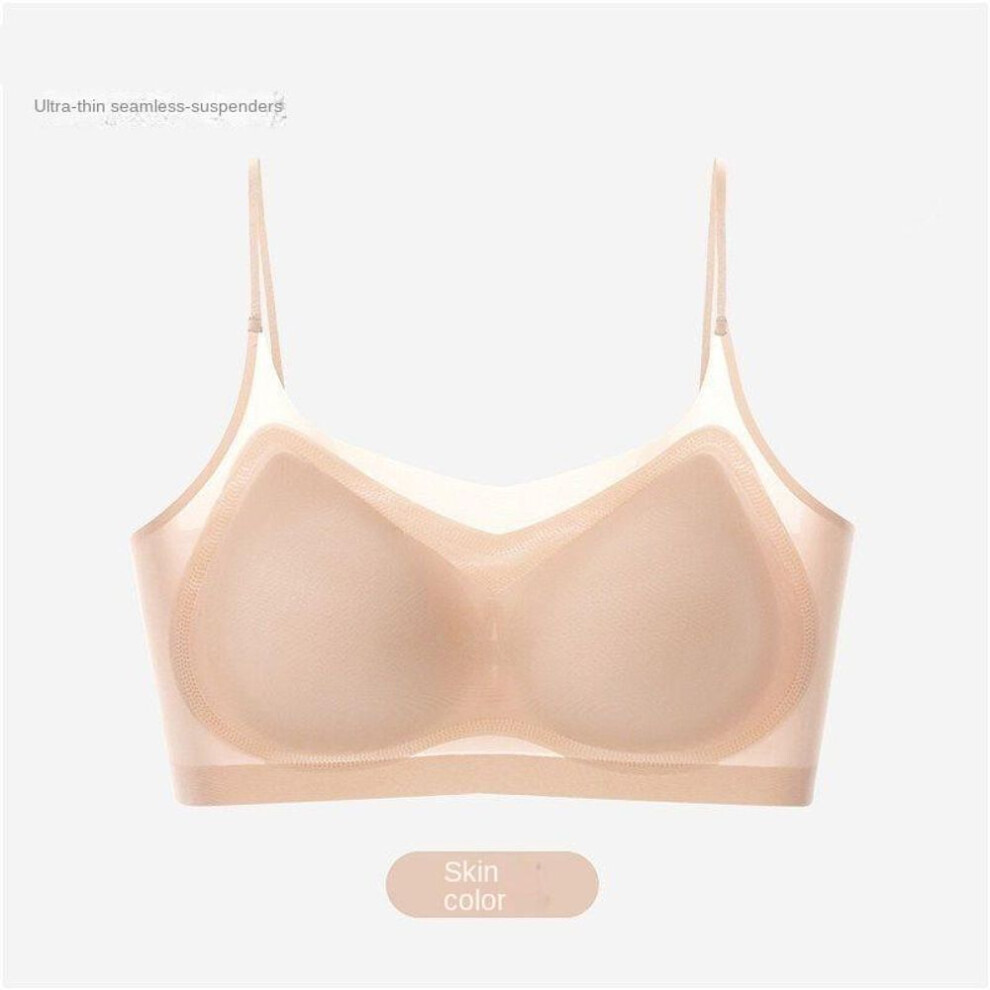 (khaki, XL) Ultra-Thin Breathable Ice Silk Top Bra Women&apos;s Seamless Back Halter Vest Wrap Bra Small Chest Together
