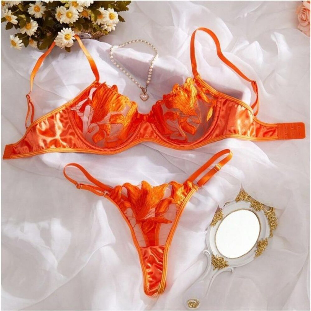 (orange, M) Sexy Lace Underwire Push Up Lingerie Contour Bra And Panty Sets For Women Gathering Chest Underwear Embroidery Bralette Set 2024