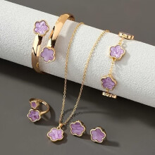 (light purple) Stylish 5 Piece Lucky Clover Jewelry Set - Necklace, Earrings, Ring, Bracelet & Bangle - Zinc Alloy, Perfect for Casual Wear or As A Gift!