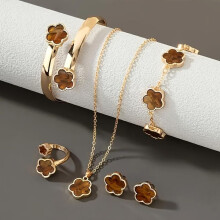 (brown) Stylish 5 Piece Lucky Clover Jewelry Set - Necklace, Earrings, Ring, Bracelet & Bangle - Zinc Alloy, Perfect for Casual Wear or As A Gift!