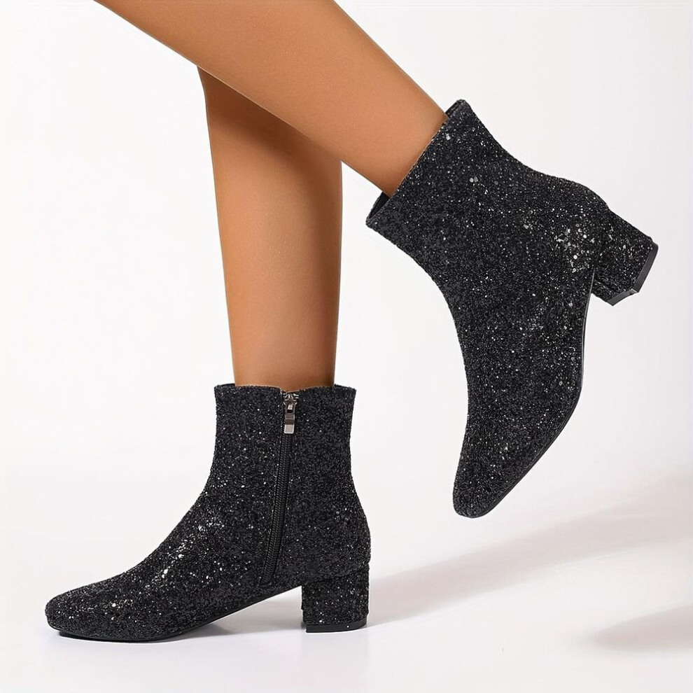 (black, 37) Women&apos;s Chelsea Sequins Sequins Boots, Round Toe, Chunky Heel, Soft Padded Insole, Elegant Chic Short Boots For Fall And Winter