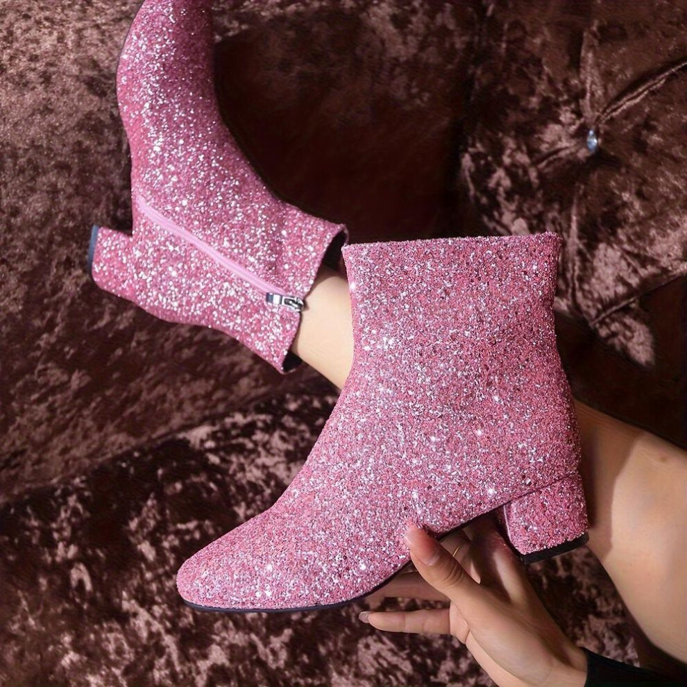 (pink, 39) Women&apos;s Chelsea Sequins Sequins Boots, Round Toe, Chunky Heel, Soft Padded Insole, Elegant Chic Short Boots for Fall and Winter