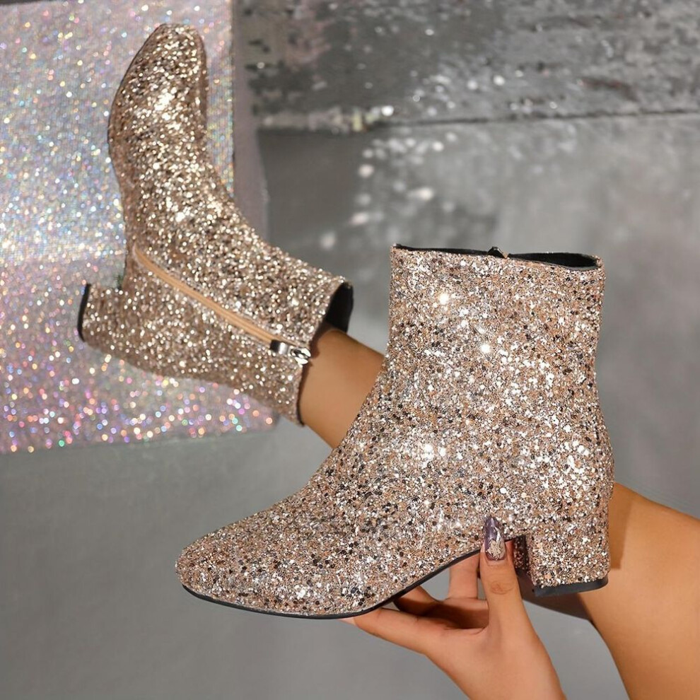 (gold, 41) Women&apos;s Chelsea Sequins Sequins Boots, Round Toe, Chunky Heel, Soft Padded Insole, Elegant Chic Short Boots for Fall and Winter