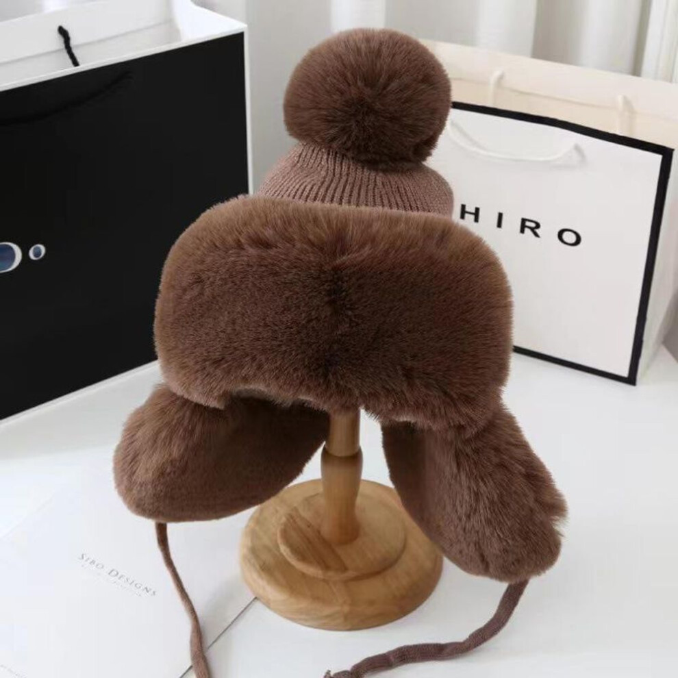 (brown, child) Women&apos;s Winter Plush Lei Feng Hat With Fur Ball Earmuffs - Warm, Thick Knit For Skiing