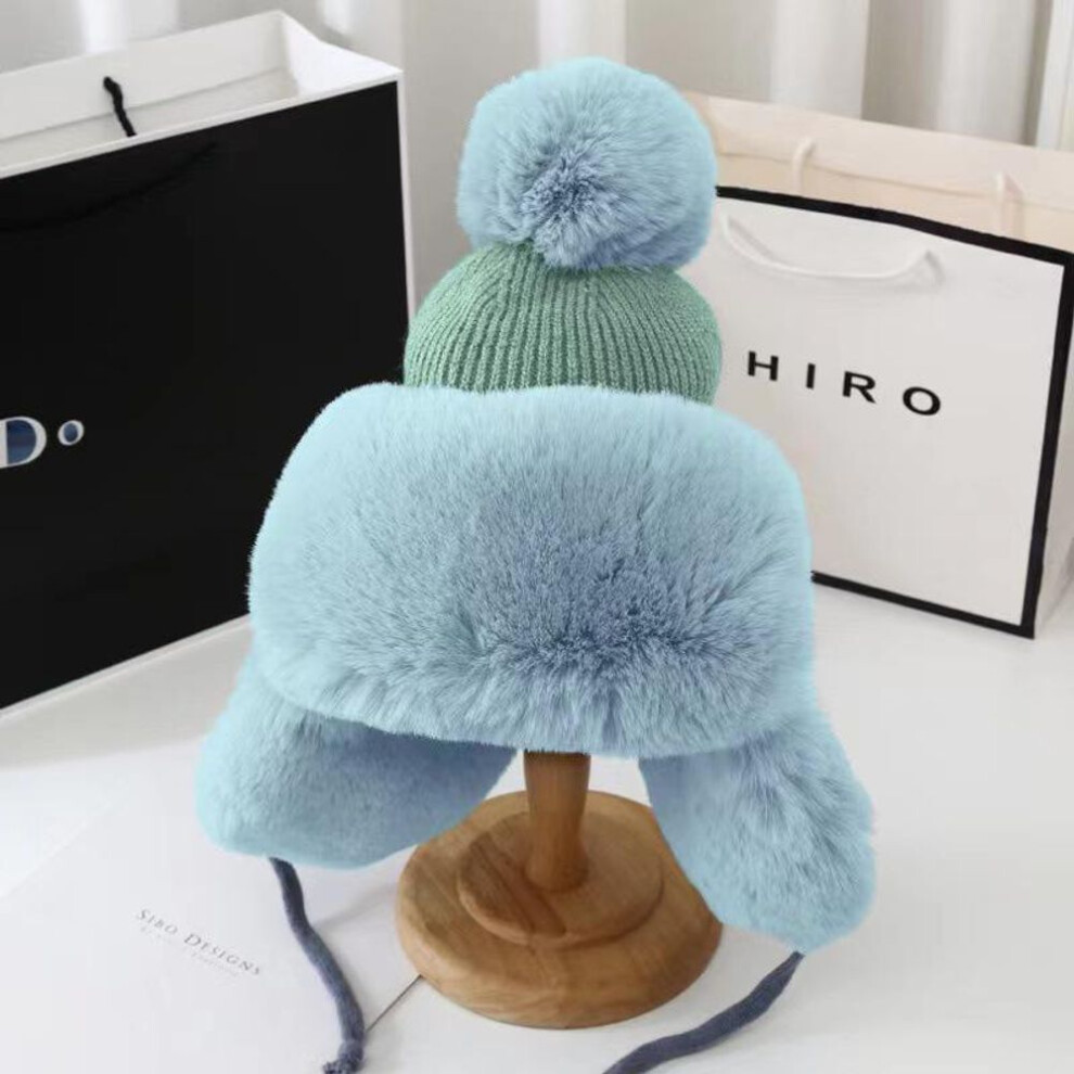 (blue, adult) Women&apos;s Winter Plush Lei Feng Hat With Fur Ball Earmuffs - Warm, Thick Knit For Skiing