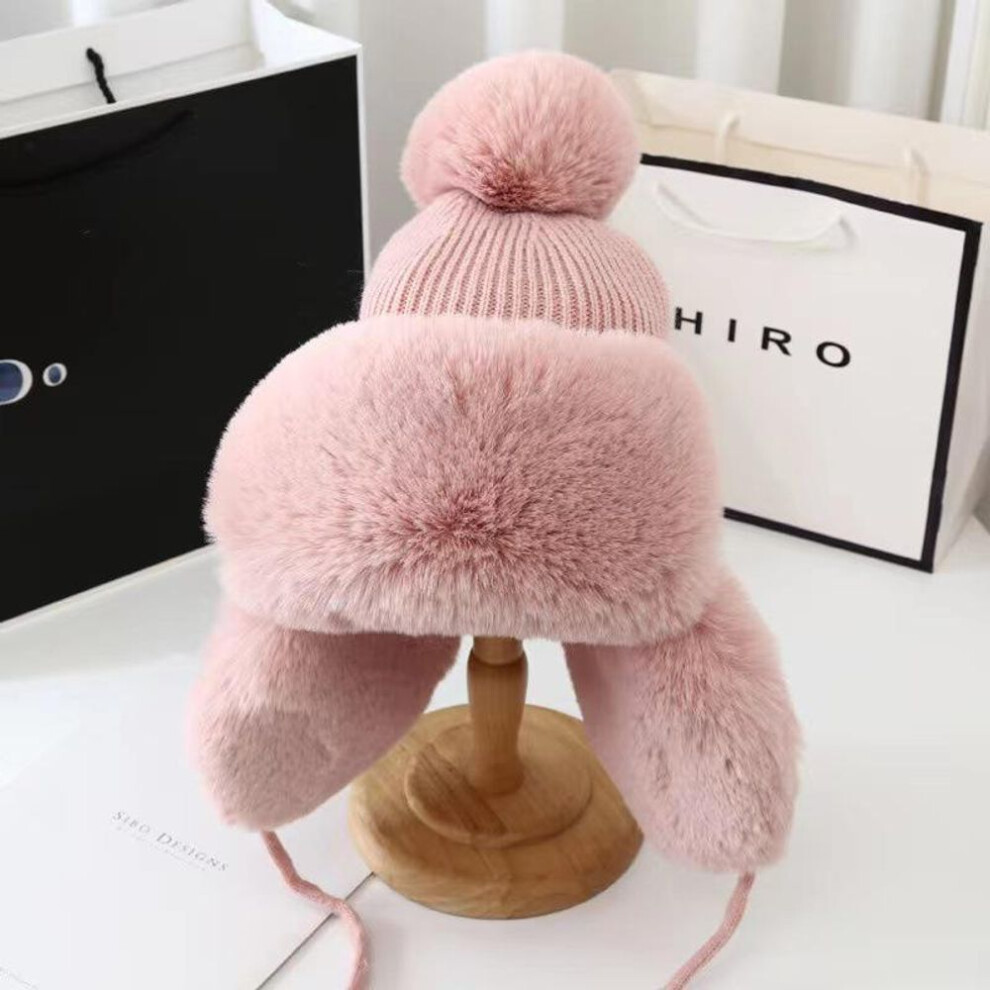(pink, adult) Women&apos;s Winter Plush Lei Feng Hat With Fur Ball Earmuffs - Warm, Thick Knit For Skiing