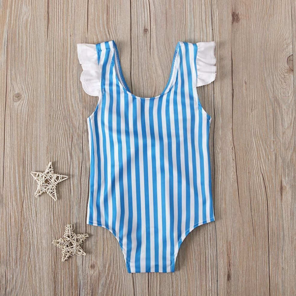 (100) Baby Kids Girls Blue Striped Bowknot One-piece Swimwear Backless Swimming Suits For 1-5 Years
