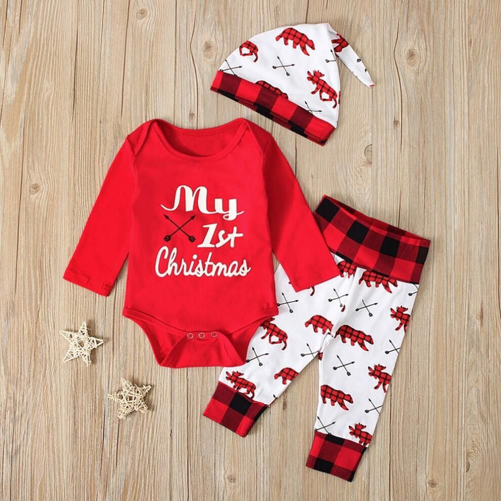 (90) 0-24m Newborn Baby Boys Girls My First Christmas Romper + Plaid Trousers + Beanie 3pcs Outfits Clothes