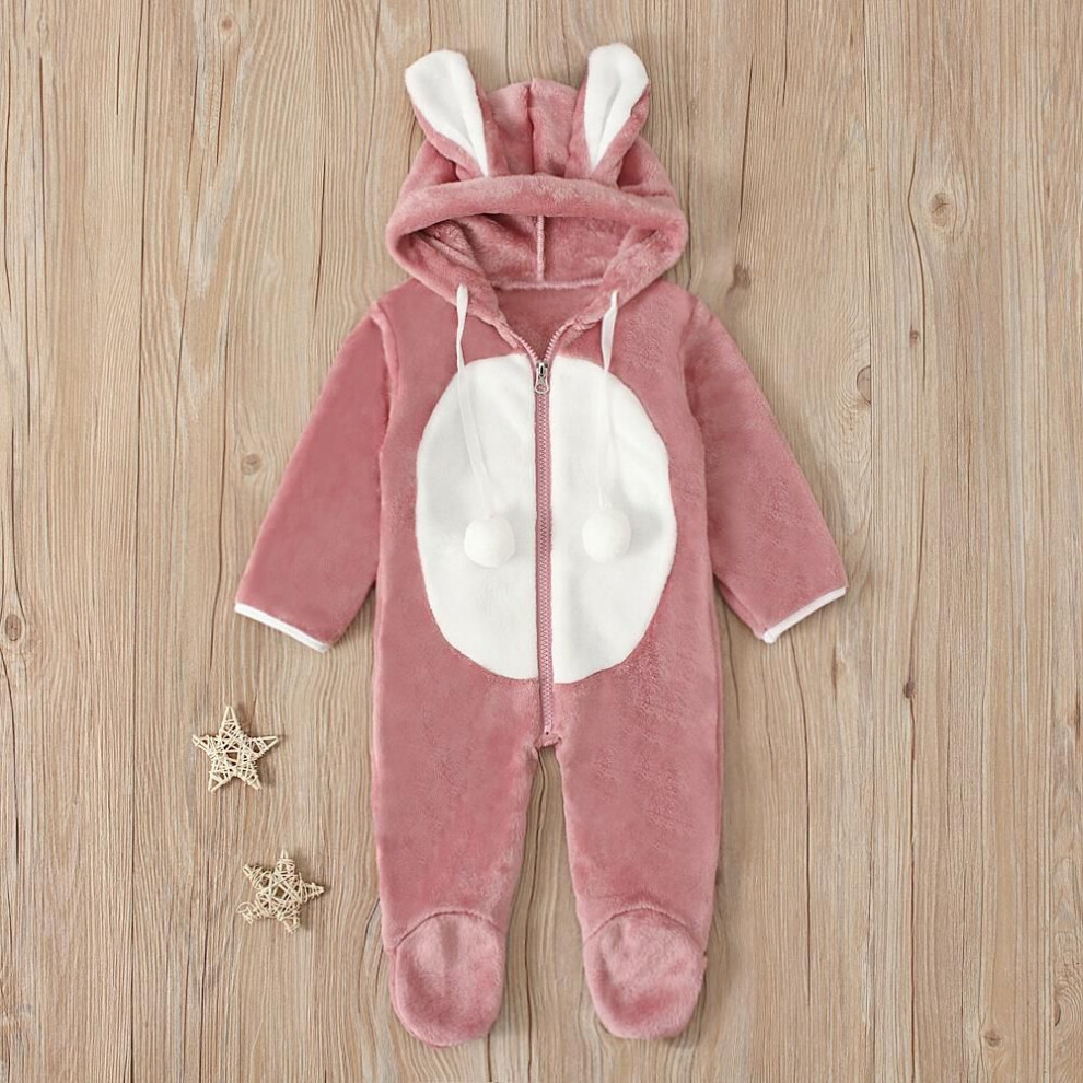 (pink, 80) Infant Baby Boys Girls 3D Bunny Ear Fleece Cotton Romper Jumpsuit Playsuit Autumn Winter Warm Clothes for 0.5-3 Years
