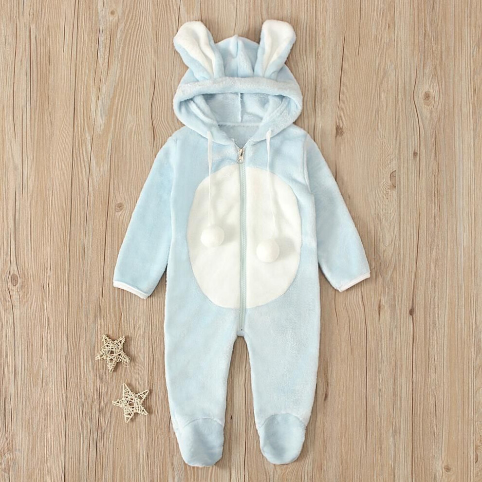 (light blue, 70) Infant Baby Boys Girls 3D Bunny Ear Fleece Cotton Romper Jumpsuit Playsuit Autumn Winter Warm Clothes for 0.5-3 Years