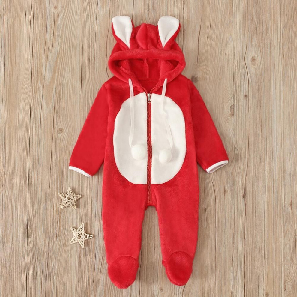 (red, 70) Infant Baby Boys Girls 3D Bunny Ear Fleece Cotton Romper Jumpsuit Playsuit Autumn Winter Warm Clothes For 0.5-3 Years