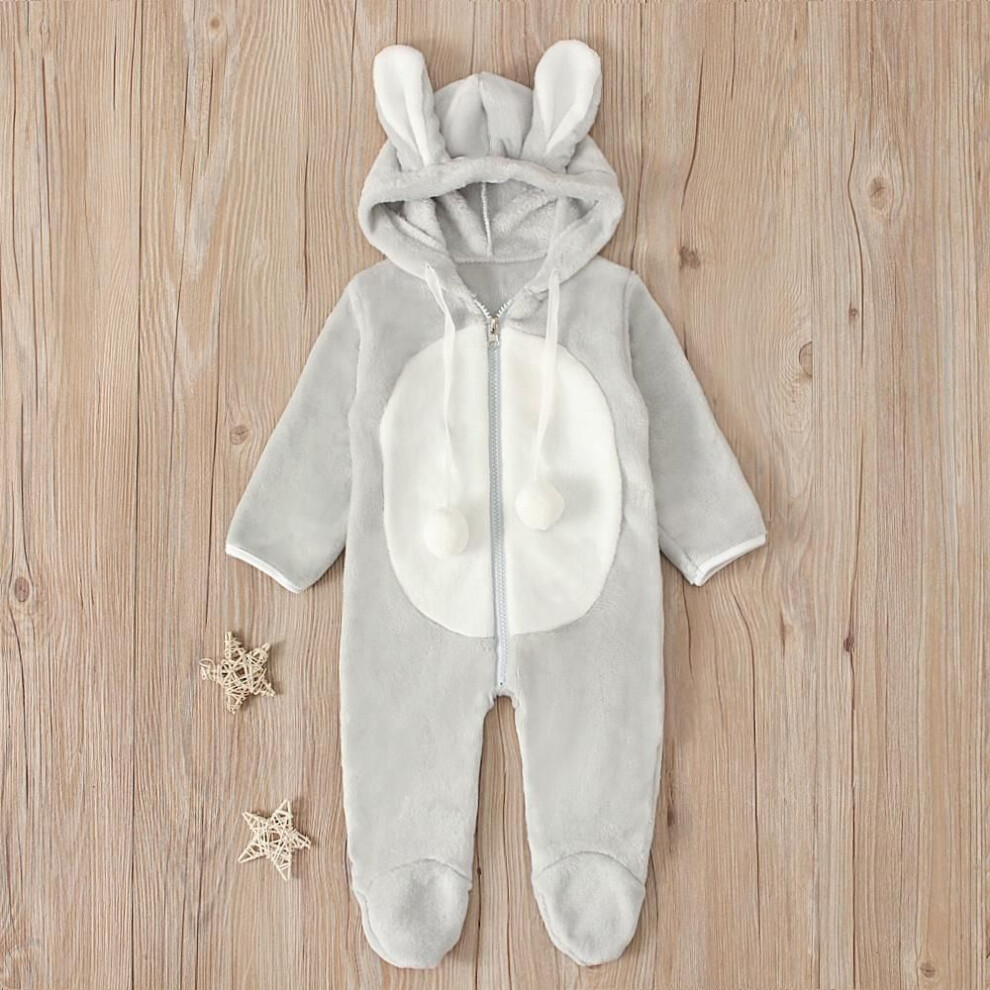 (grey, 70) Infant Baby Boys Girls 3D Bunny Ear Fleece Cotton Romper Jumpsuit Playsuit Autumn Winter Warm Clothes For 0.5-3 Years