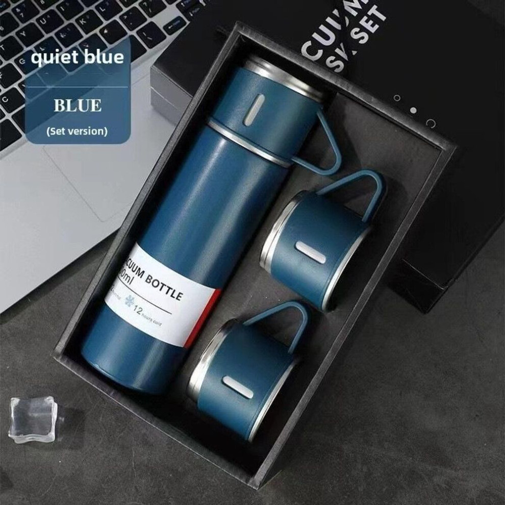 (blue, gift box set (one cup and three lids)) "500ml Stainless Steel Thermos Set: 1 Cup, 3 Lids, Men&apos;s Business Tea Gift With Logo"