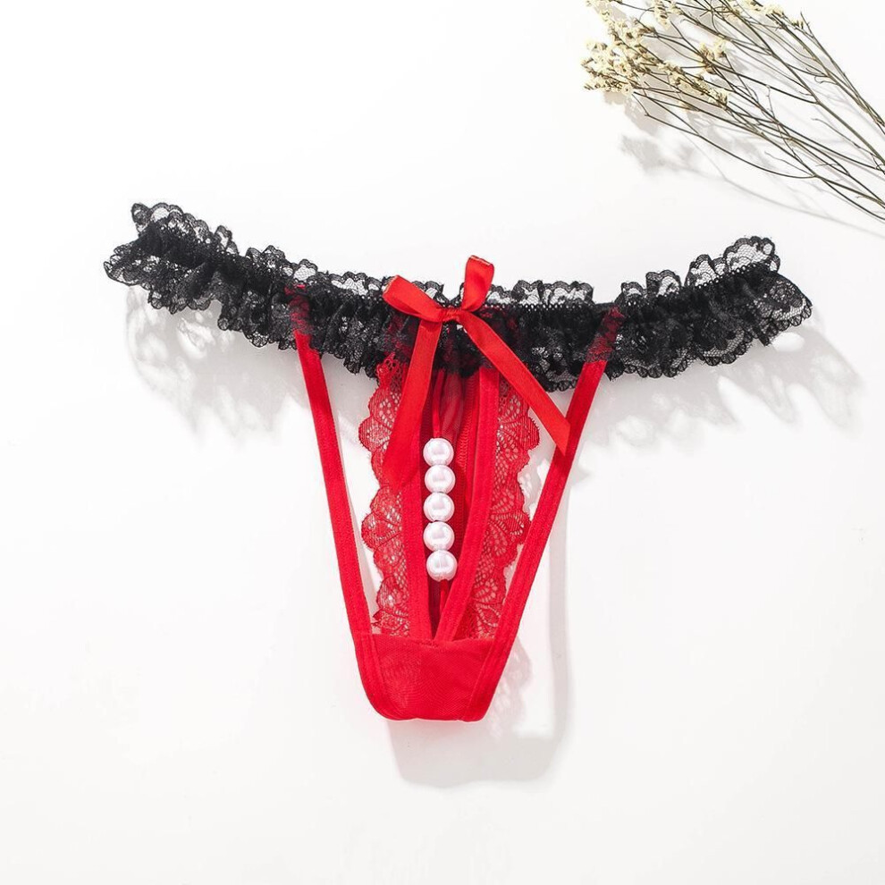 (red, F/M size) Women&apos;s Low Waist Pearl Lace Thong G-String