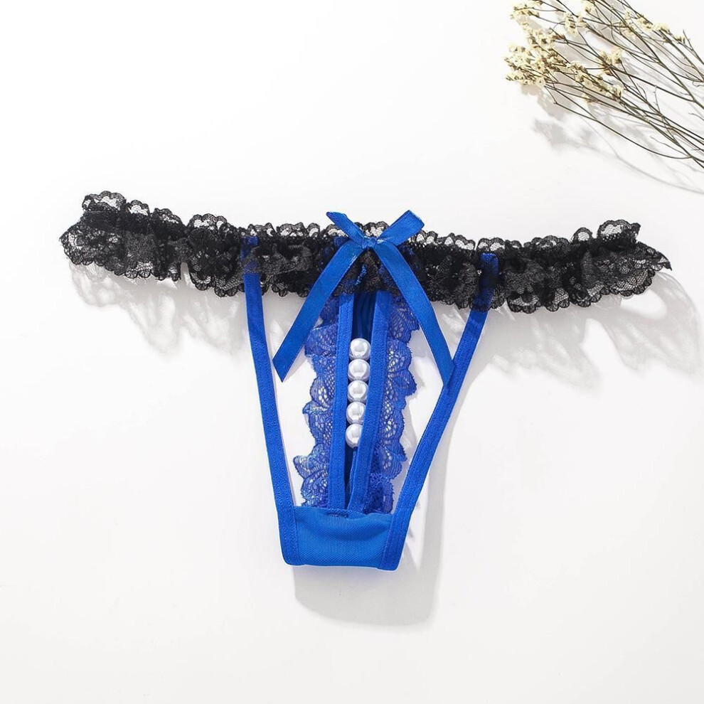 (blue, Size L) Women&apos;s Low Waist Pearl Lace Thong G-String