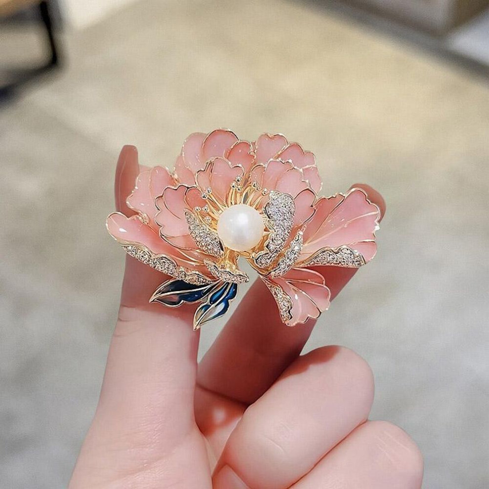 (pink) Elegant Delicate High-end Peony Flower Pearl Enamel Brooch  Luxury Clothing Accessories Coat Pins Corsage Holiday Gifts