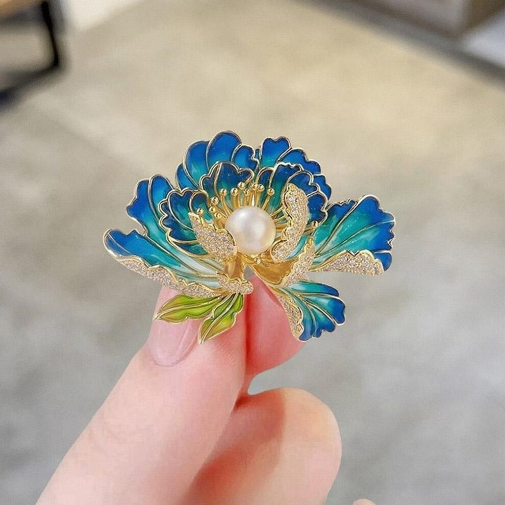 (blue) Elegant Delicate High-end Peony Flower Pearl Enamel Brooch  Luxury Clothing Accessories Coat Pins Corsage Holiday Gifts