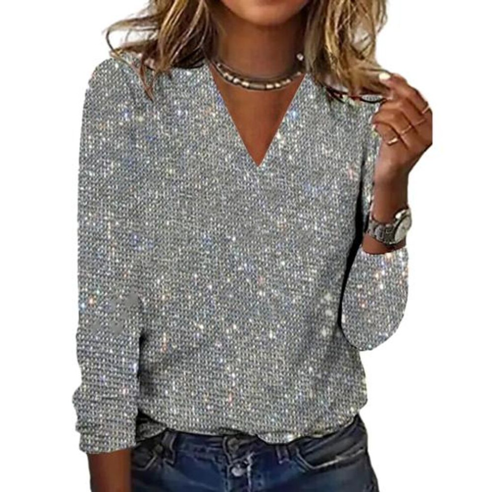 (XL, silver gray) Women Top Shiny Sequin V Neck Long Sleeve Loose Soft Pullover Pure Color Breathable Daily Commute Club Party Lady Blouse Shirt