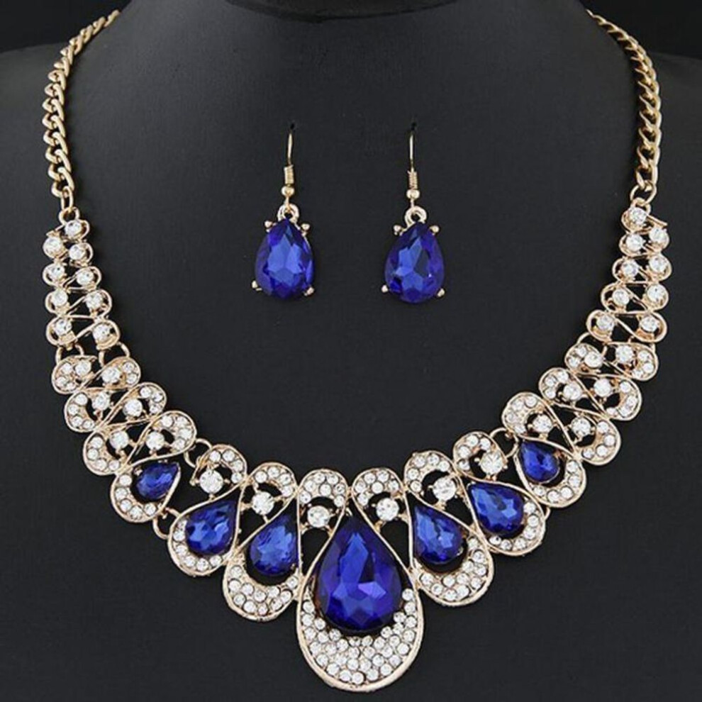 (blue) Bonnie Womens Mixed Style Bohemia color Bib Chain Necklace Earrings Jewelry