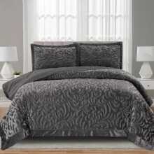(Grey, Double) 3PCs Luxury Teddy Fleece Quilted Modern Bedspread