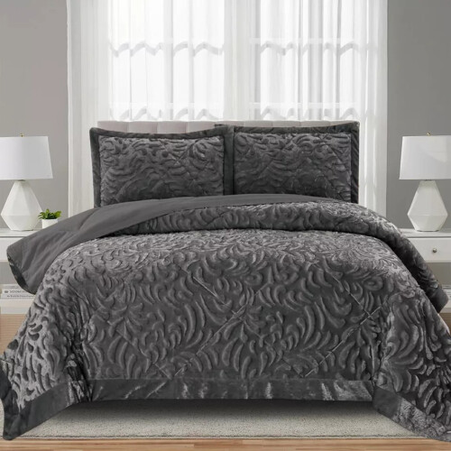 (Grey, Double) 3PCs Luxury Teddy Fleece Quilted Modern Bedspread