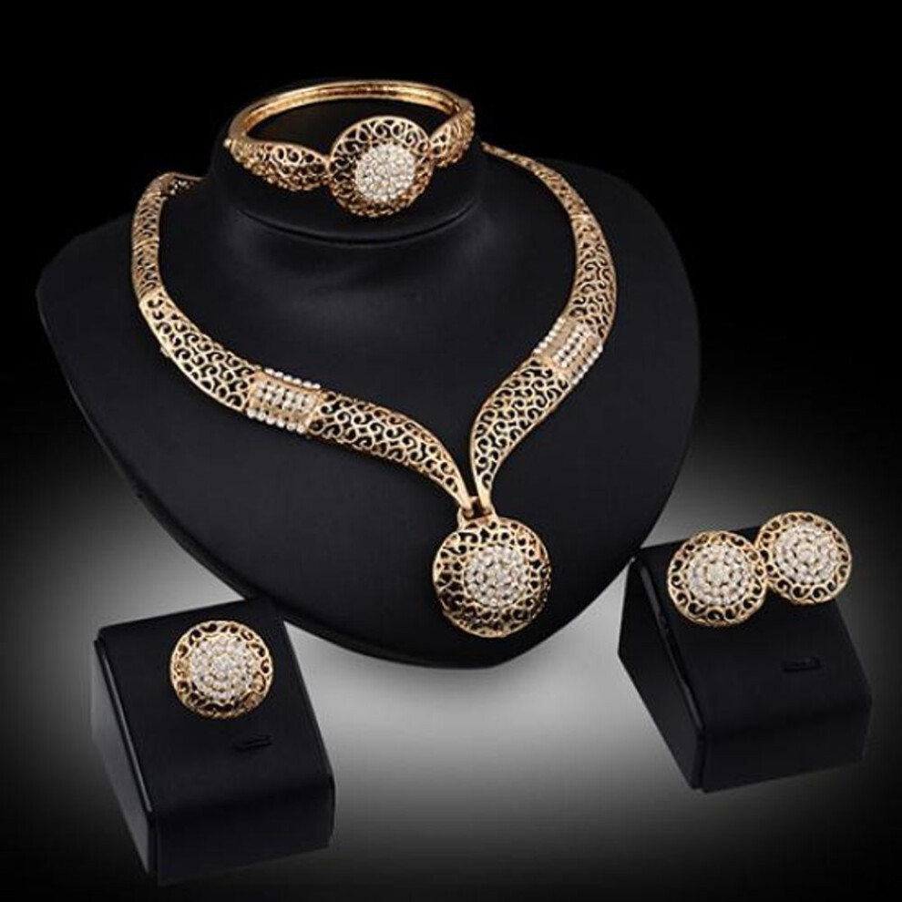 Women Banquet Wedding Party Hollow Rhinestone Necklace Bracelet Ring Earrings Set