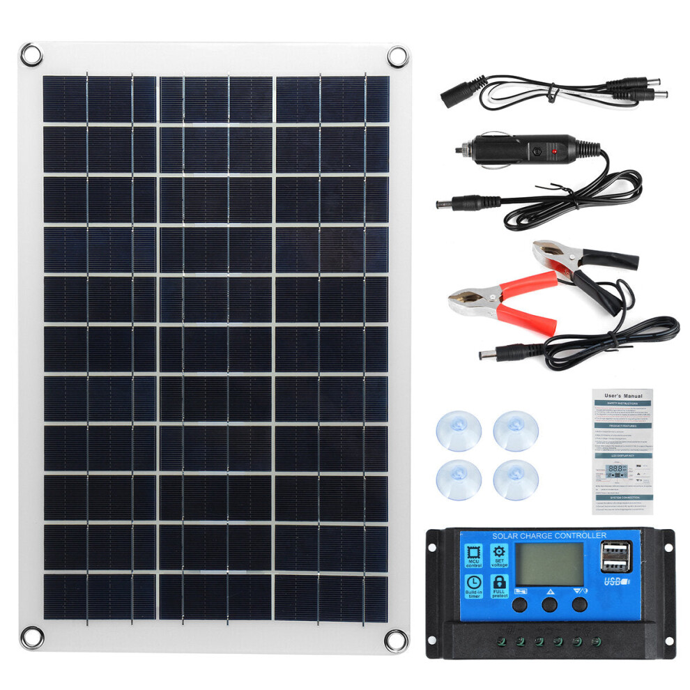 (without solar controller) Max 100W Portable Solar Panel Kit Dual DC USB Charger Kit Single Crystal Semi-flexible Solar Power Panel w/ None/10A/30A/60A/100A Solar Controller