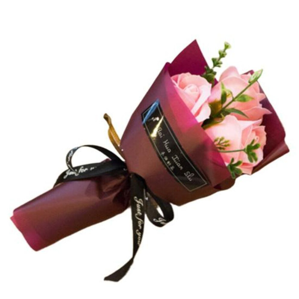 (light pink) 3 Heads Artificial Rose Bouquet Hand Holding Soap Flower Valentine Day Gift