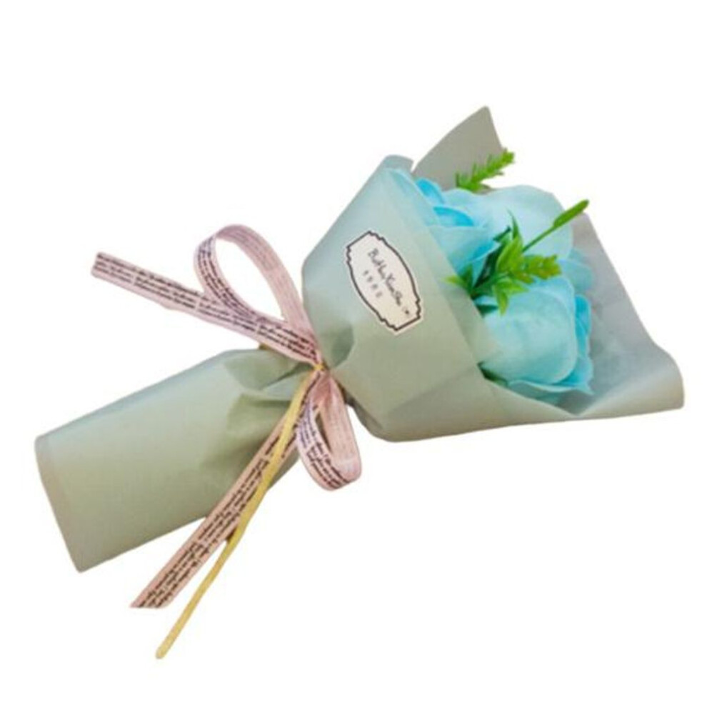 (light blue) 3 Heads Artificial Rose Bouquet Hand Holding Soap Flower Valentine Day Gift