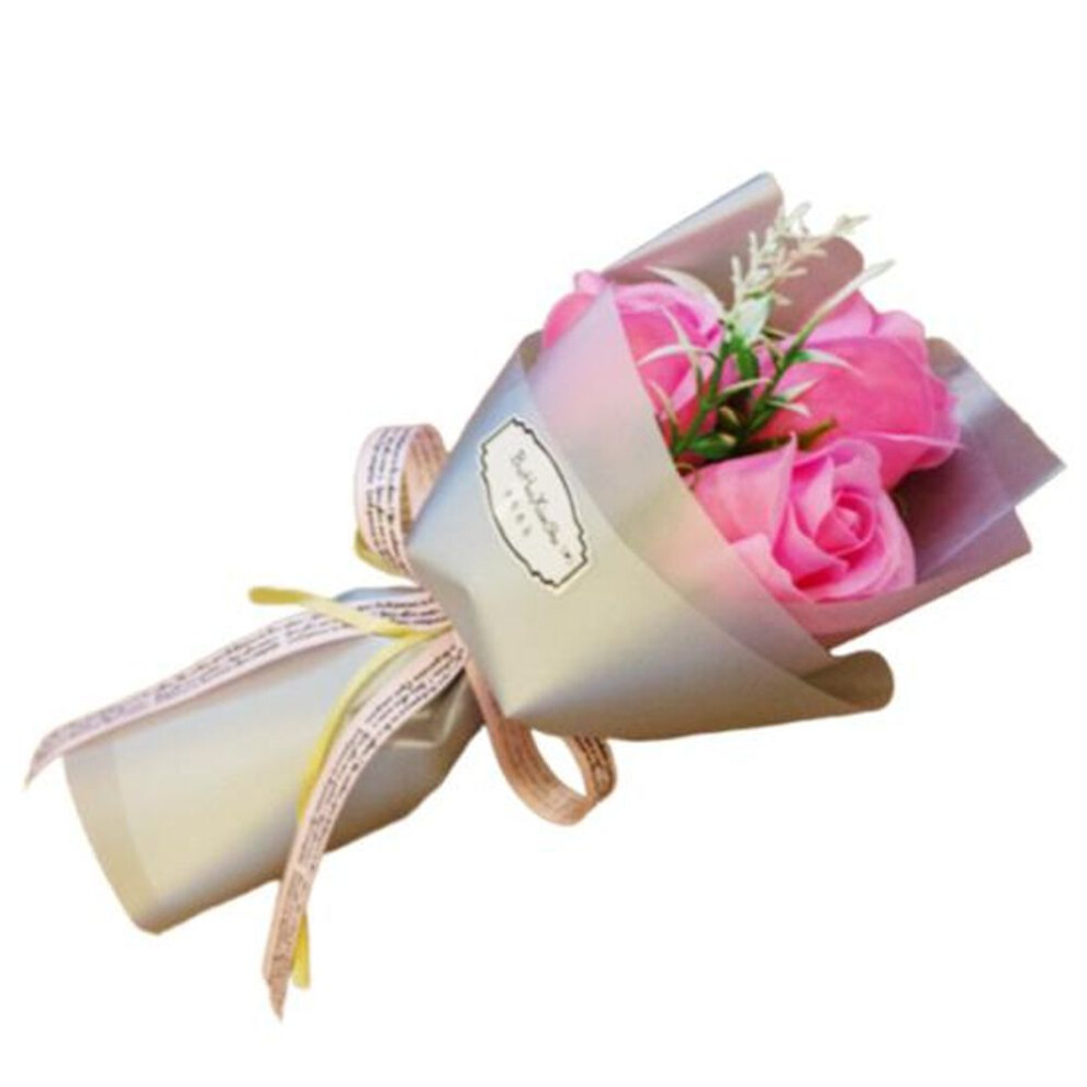(pink) 3 Heads Artificial Rose Bouquet Hand Holding Soap Flower Valentine Day Gift