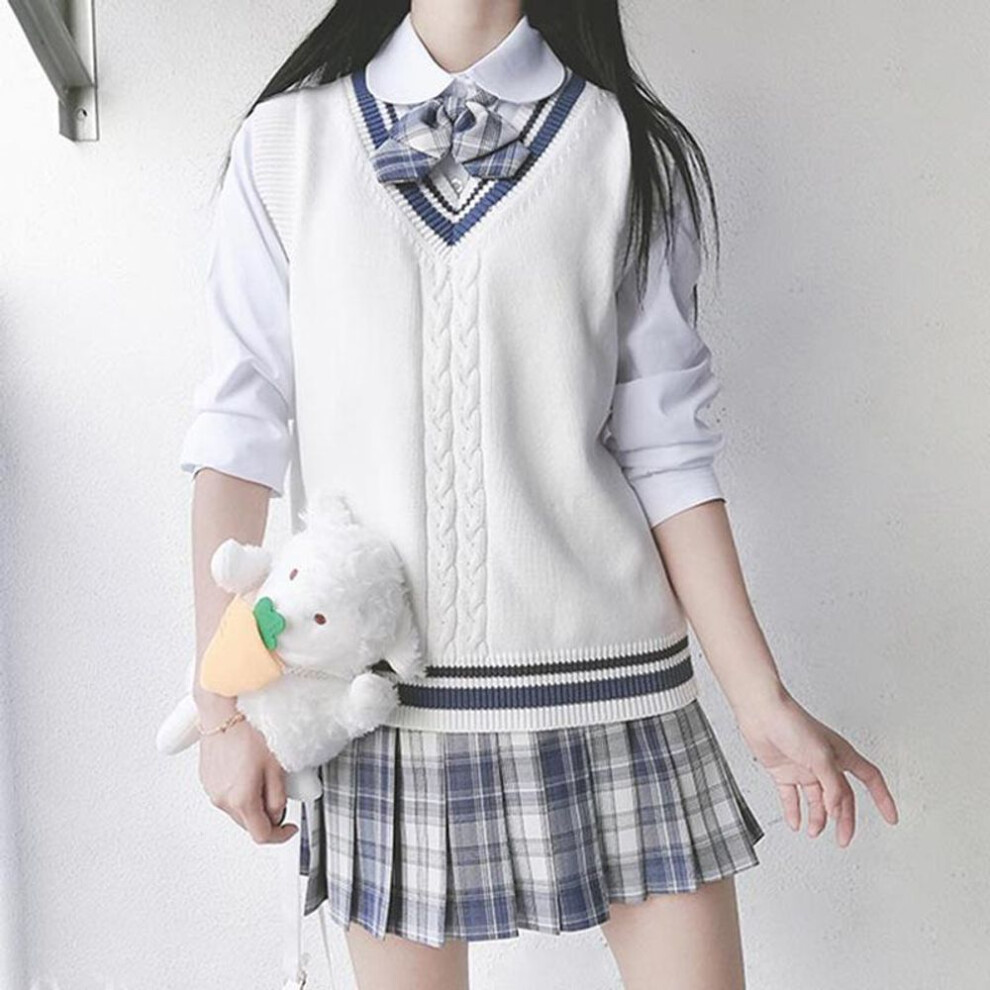 (M, beige) Autumn Pullover Japanese Style Students School Uniform V-neck Girls Women Sweater Long Sleeve School Uniforms