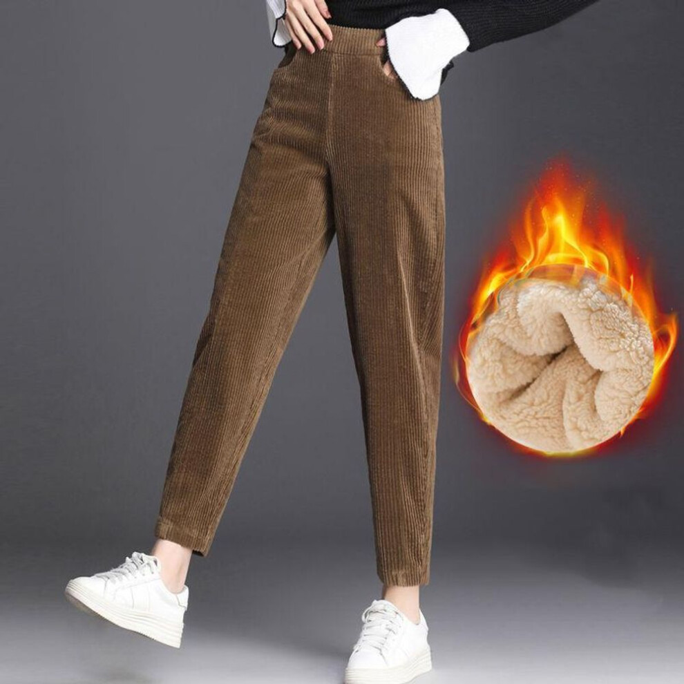(brown, XXXL) Corduroy Padded Warm Pants Woman Fashion Stretch High Waist Ladies Pants Winter Simple Solid Color Lamb Wool Harem Pants