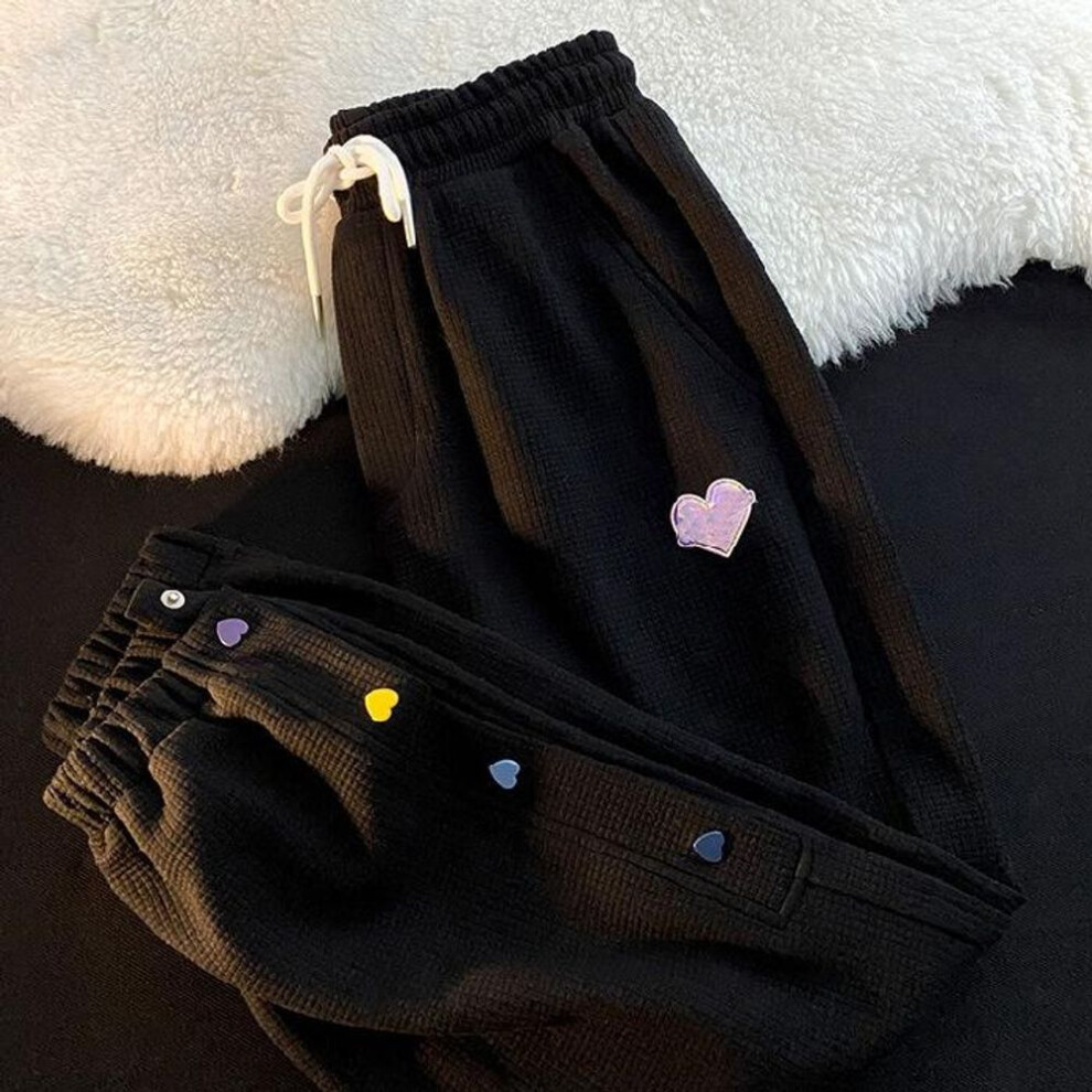 (black, XS) Button Harem Sweatpants Cute Korean Kawaii Wide Leg High Waist Streetwear Women Fall Waffle Cargo Bloomers Harem Pants