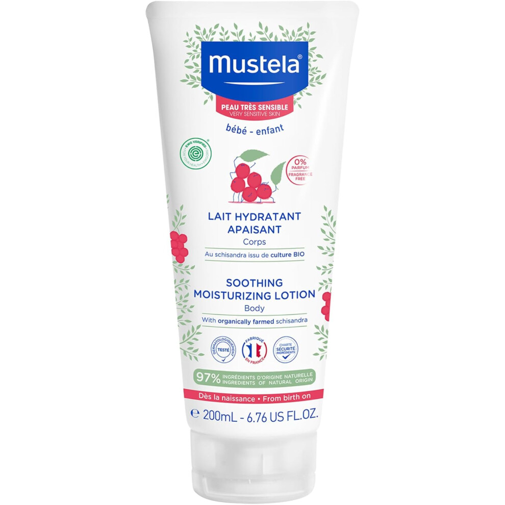 Mustela Baby Soothing Moisturizing Body Lotion with Natural Avocado & Schizandra Berry 200mL | Baby Skin Care | Hypoallergenic | Fragrance-Free