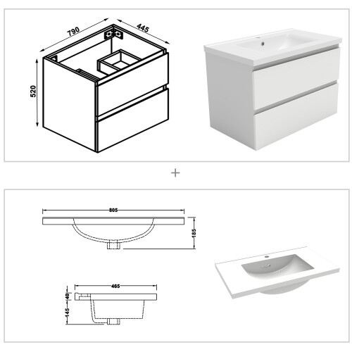 AICA (High gloss white) 800mm Wall Hung Bathrooms Vanity Units with Ceramic Basin High Gloss 2