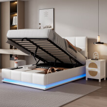 (White 2) Ottoman Lift Storage Bed with LED NO Mattress