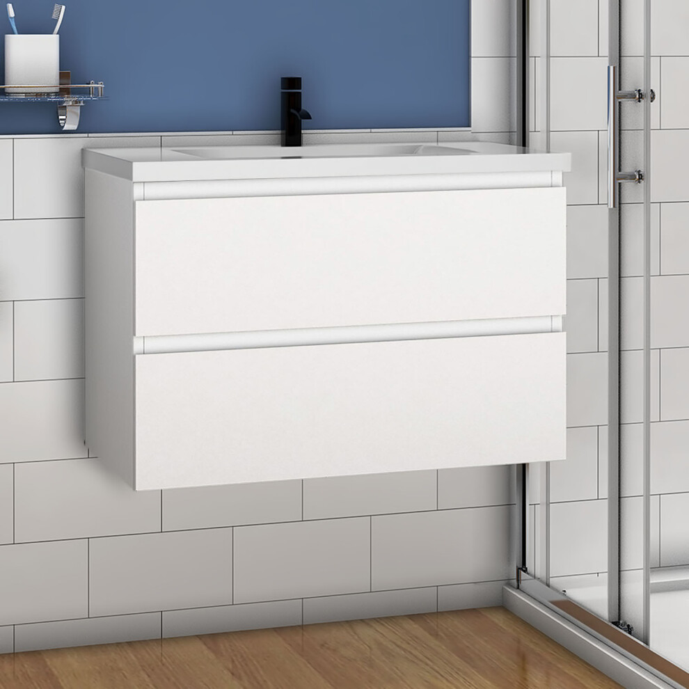 (High gloss white) 800mm Wall Hung Bathroom Vanity Units with Resin Sink High Gloss White/Grey
