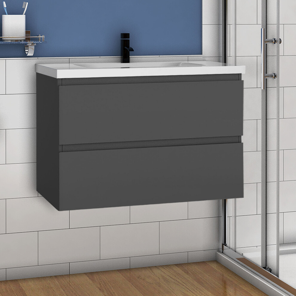 (High gloss grey) 800mm Wall Hung Bathroom Vanity Units with Resin Sink High Gloss White/Grey