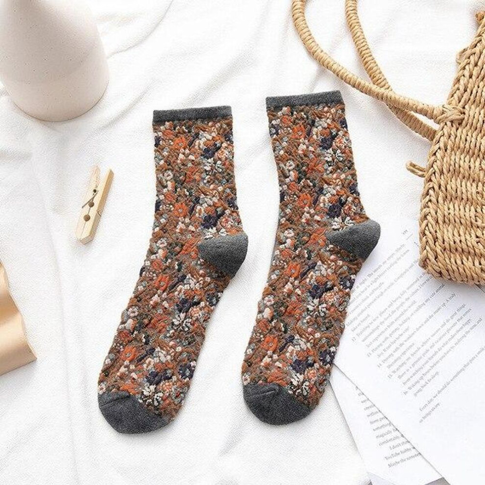 (gray) Winter Warm Flower Vintage Socks Women Korean Ins Fashion Kawaii Harajuku Mori Girl Socks Skarpetki Kobieta Femme Chaussettes