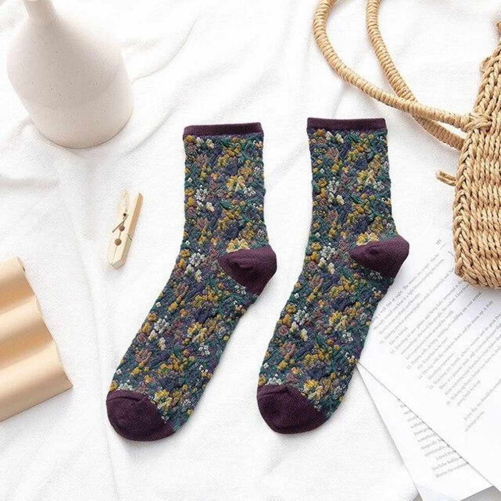 (purple) Winter Warm Flower Vintage Socks Women Korean Ins Fashion Kawaii Harajuku Mori Girl Socks Skarpetki Kobieta Femme Chaussettes