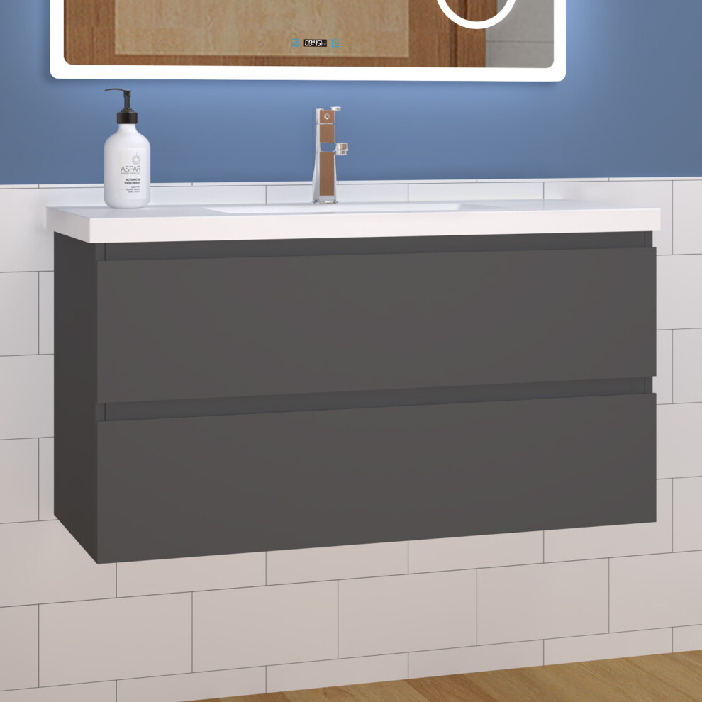 (High gloss grey) 1000mm Wall Hung Bathroom Vanity Units with Resin Sink High Gloss White/Grey