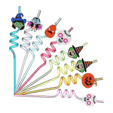 24 Pcs Halloween Party Supplies Drinking Straw Reusable Crazy Loop Straws with Cartoon Decors