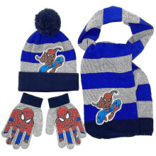 (Grey Dark Blue, One size) 3pcs Kids Boys Girls Spiderman Spider-man Fall Winter Warm Knitted Beanie Hat Scarf Gloves Set 3-8 Years -NMAOV