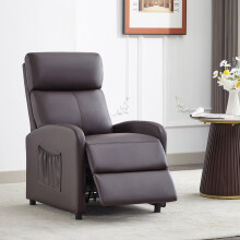 (BROWN PU) Push Back Recliner Chair w/Lumbar Support, Padded Backrest and Side Pocket