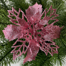 (10Pcs, Pink) Christmas Glitter Flower Poinsettia Xmas Tree Hanging Party Ornament Home Decoration -NMAOV